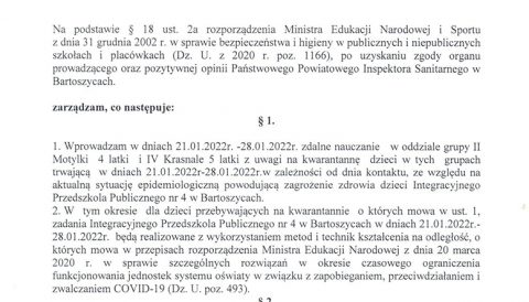 Zarządzenie Dyrektora Przedszkola z dnia 21 stycznia 2022 r. w sprawie zdalnego nauczania w grupie II 4 latki i grupie IV Krasnale 5 latki
